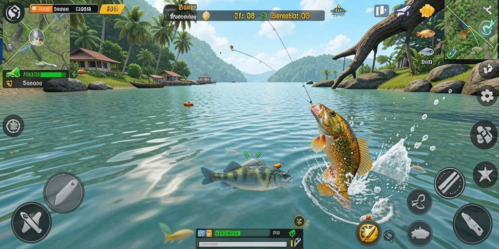 Tampilan gameplay F08 dengan aksi menangkap ikan yang seru dan menantang.