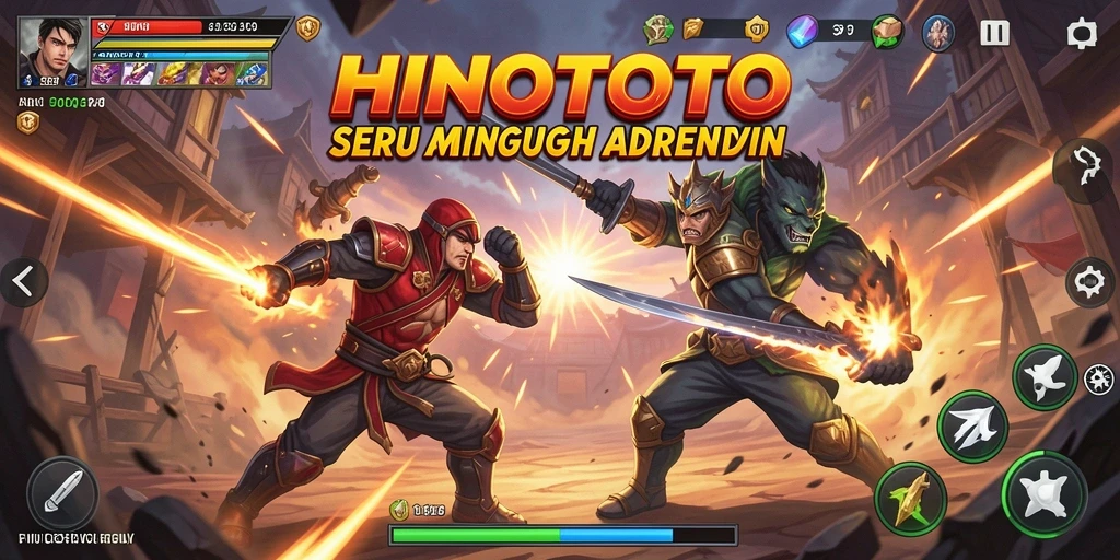 Screenshot HINOTOTO menampilkan pertarungan penuh aksi antara karakter yang dinamis.