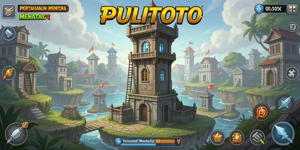 Screenshot gameplay PULITOTO menampilkan pertahanan menara yang intens.